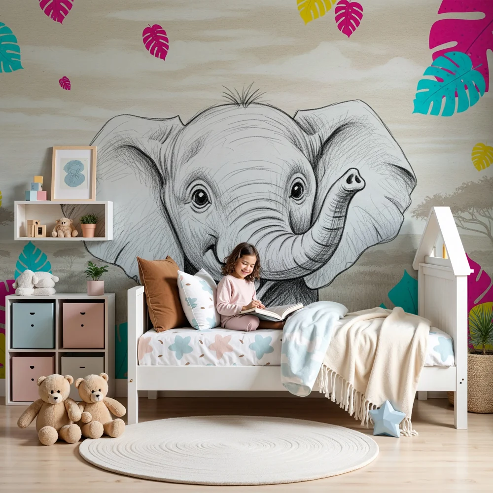 Papel de parede crianç | Elefante feliz e selva colorida