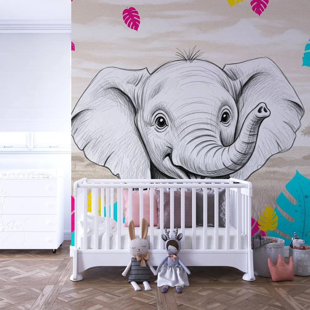 Papel de parede crianç | Elefante feliz e selva colorida