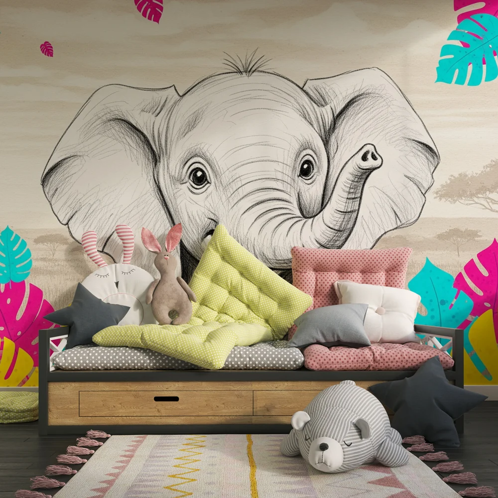 Papel de parede crianç | Elefante feliz e selva colorida