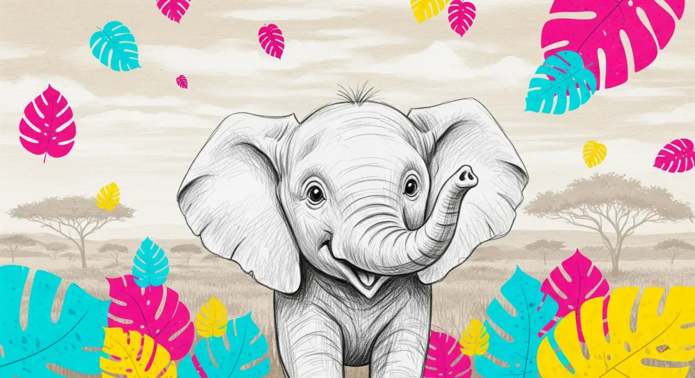 Papel de parede crianç | Elefante feliz e selva colorida