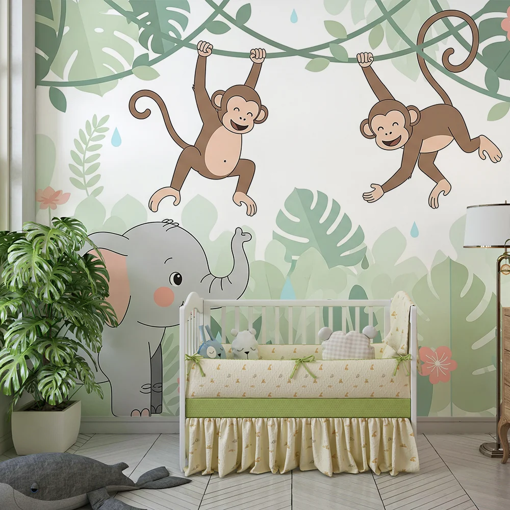 Papel de parede crianç | Elefante macacos e tucano numa selva colorida
