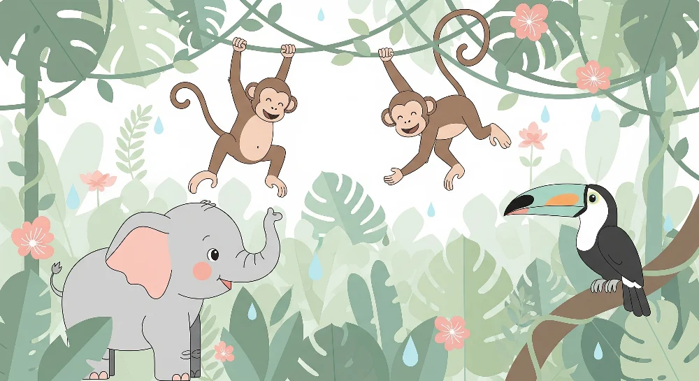 Papel de parede crianç | Elefante macacos e tucano numa selva colorida