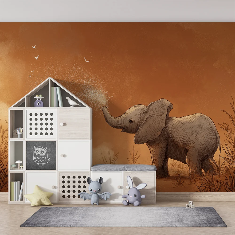Papel de parede crianç | Elefante travesso em uma paisagem dourada
