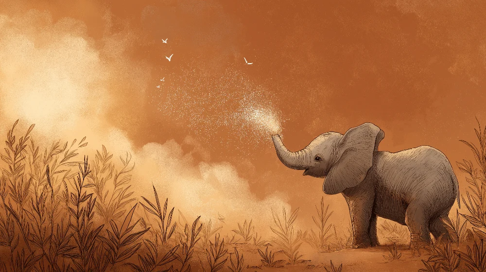 Papel de parede crianç | Elefante travesso em uma paisagem dourada