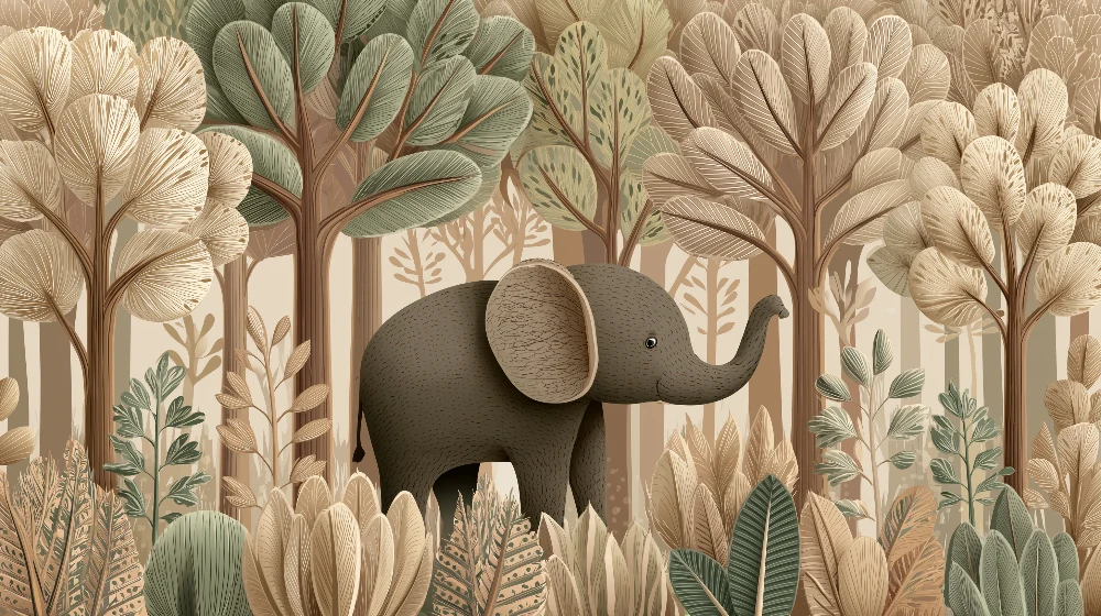 Papel de parede crianç | Elefante em uma floresta estilizada em tons naturais