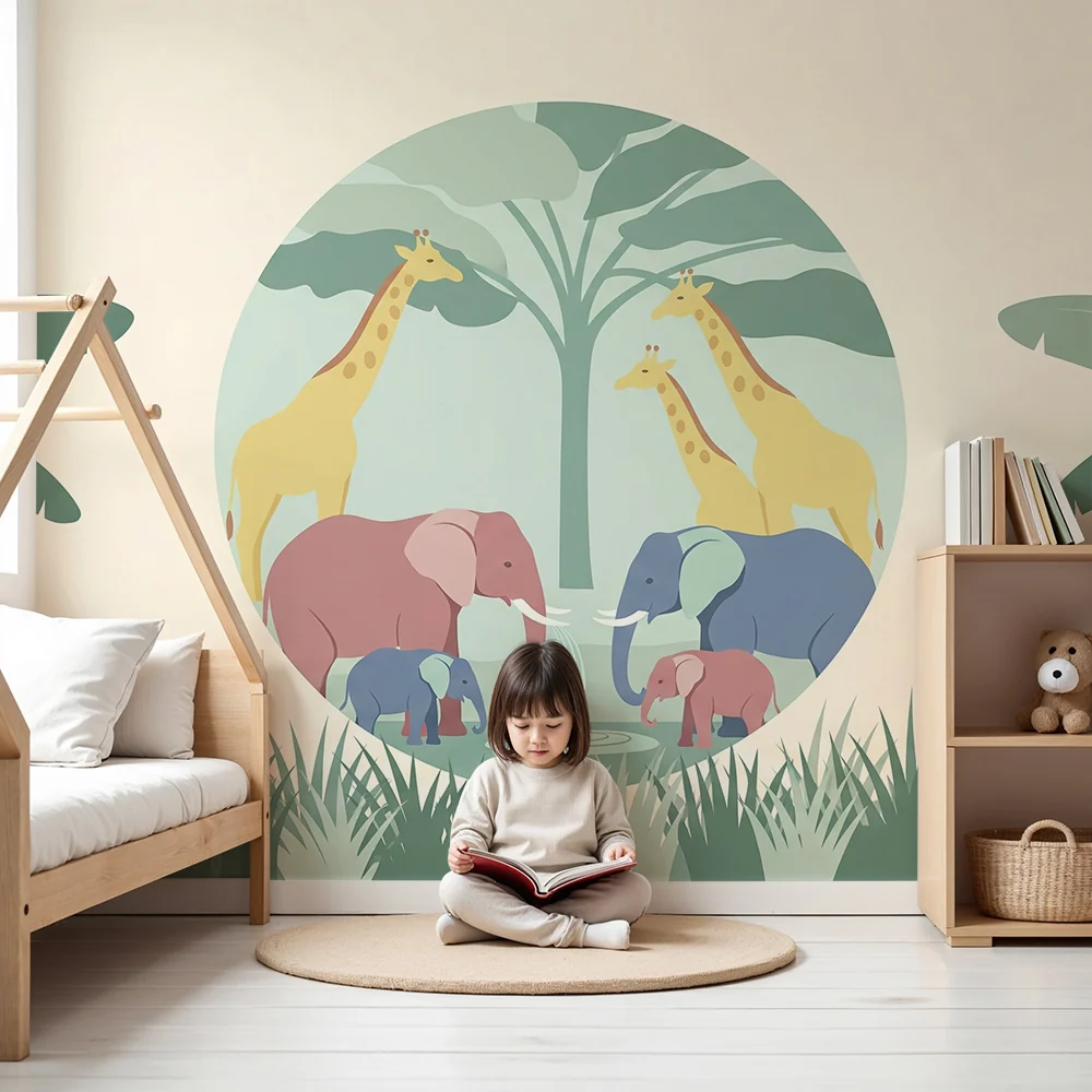 Papel de parede crianç | Elegante cena de selva com elefantes e girafas coloridos