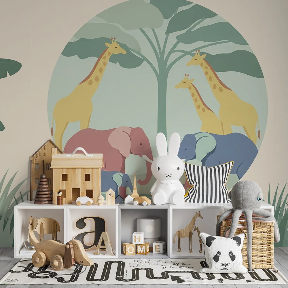 Papel de parede crianç | Elegante cena de selva com elefantes e girafas coloridos