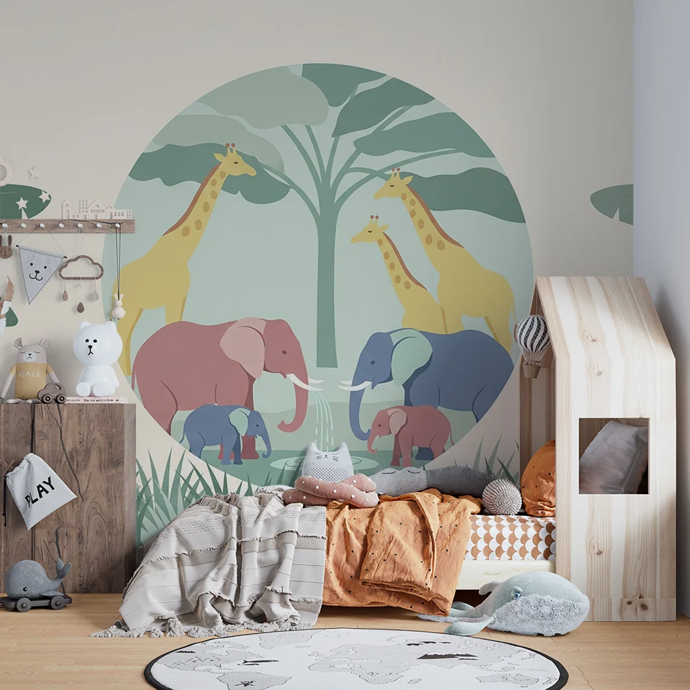 Papel de parede crianç | Elegante cena de selva com elefantes e girafas coloridos