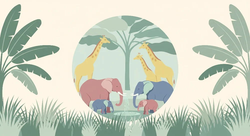 Papel de parede crianç | Elegante cena de selva com elefantes e girafas coloridos