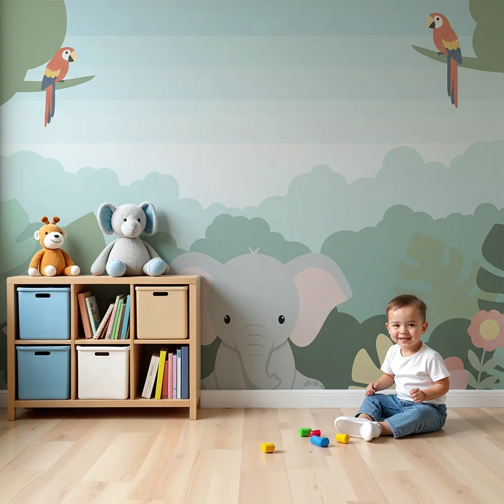Papel de parede crianç | Elegante elefante e girafa em uma selva colorida