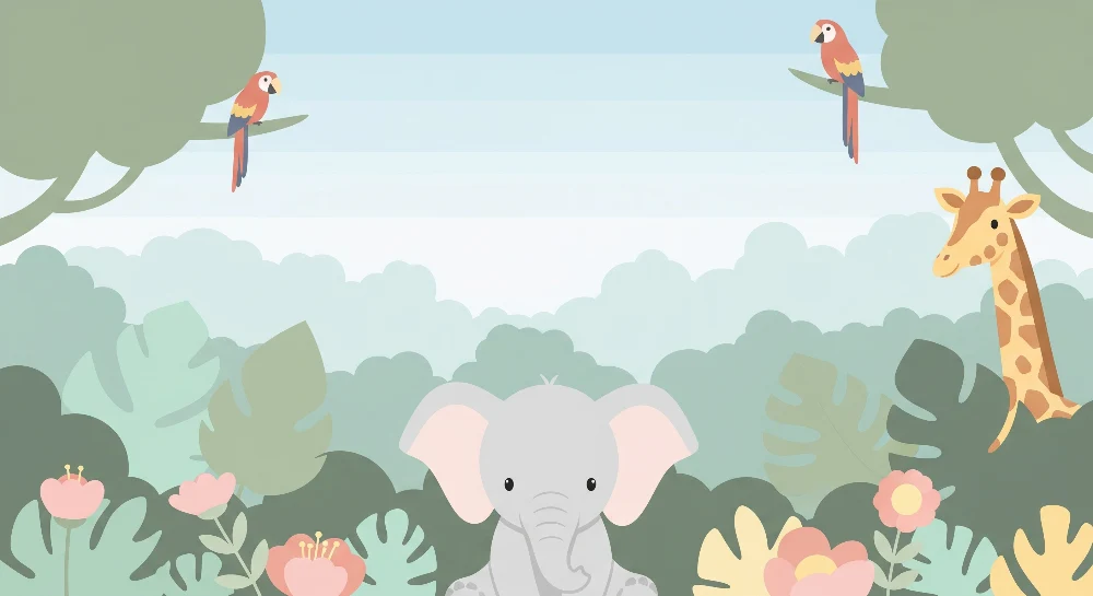 Papel de parede crianç | Elegante elefante e girafa em uma selva colorida
