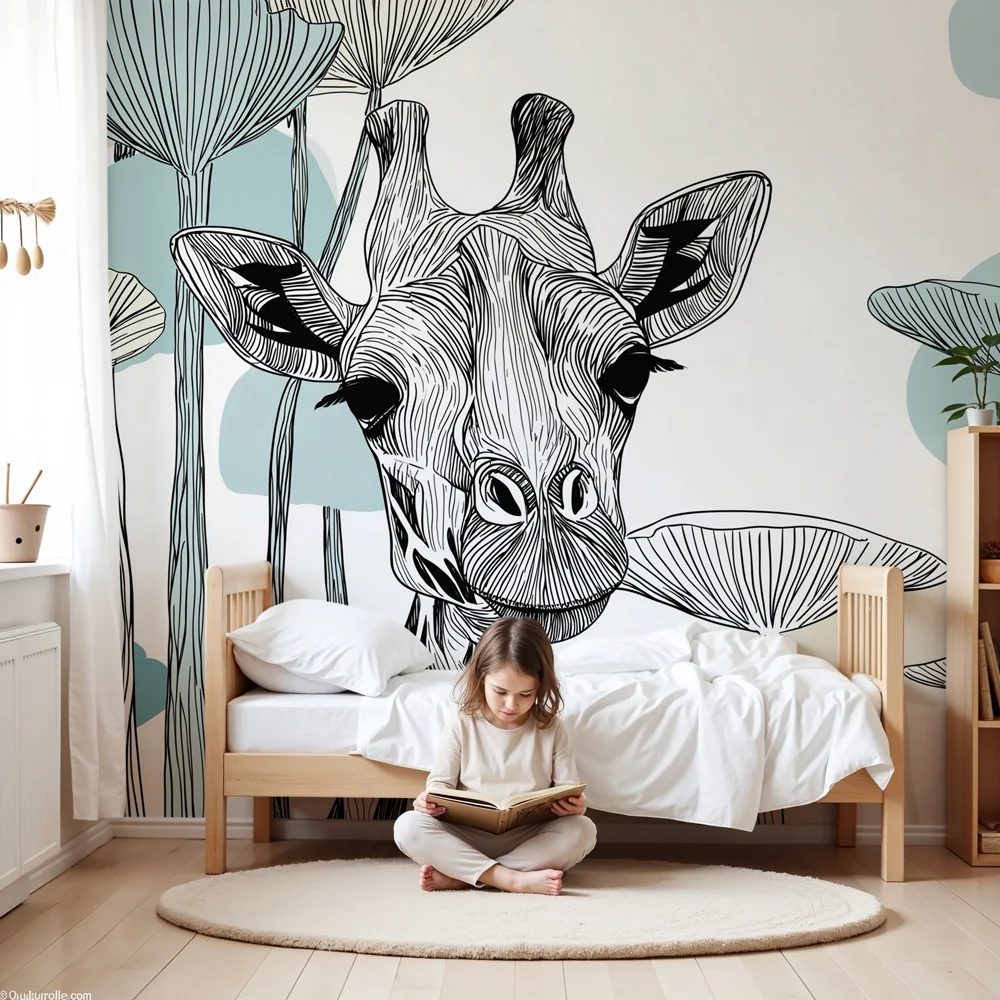 Papel de parede crianç | Elegante girafa e folhagem artística