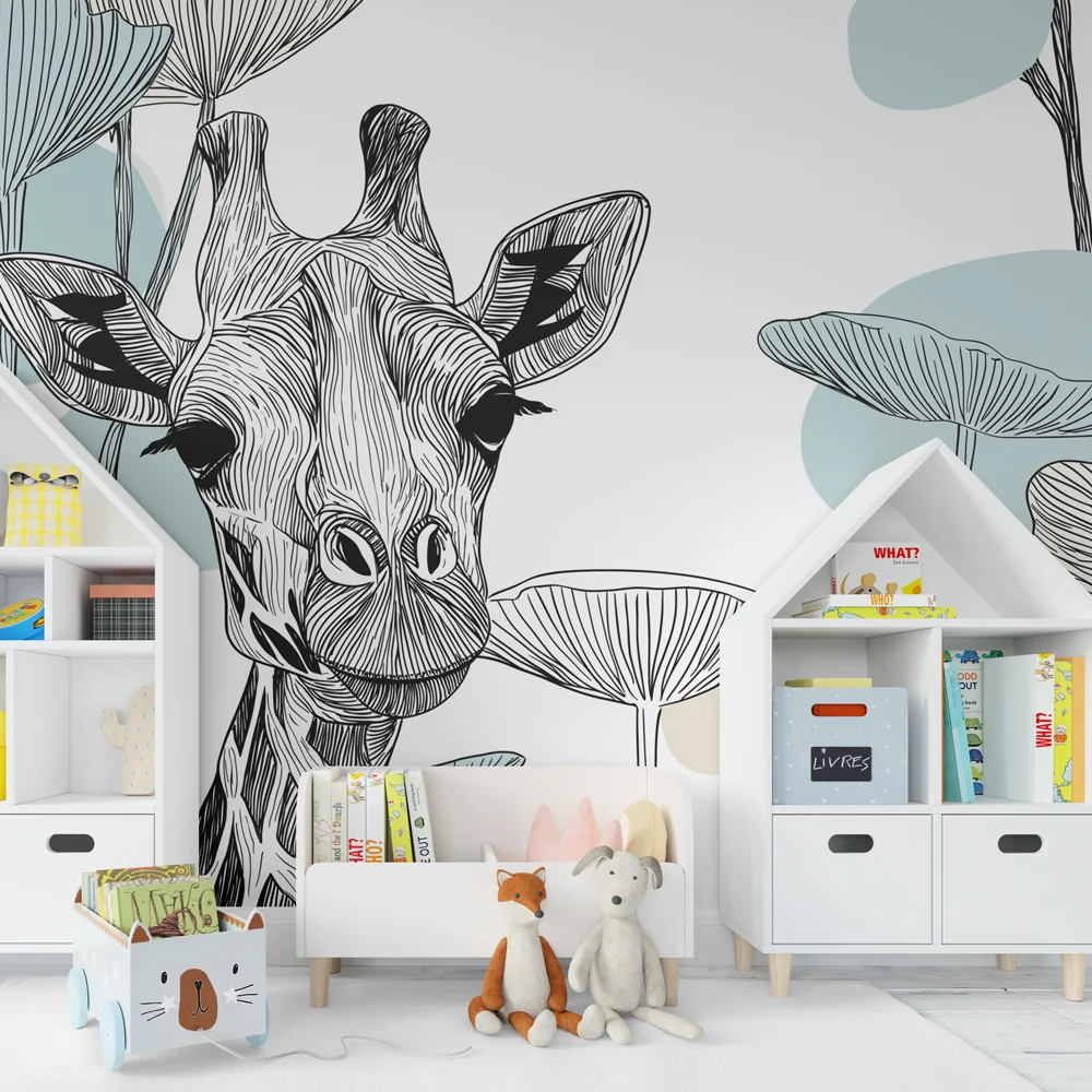 Papel de parede crianç | Elegante girafa e folhagem artística