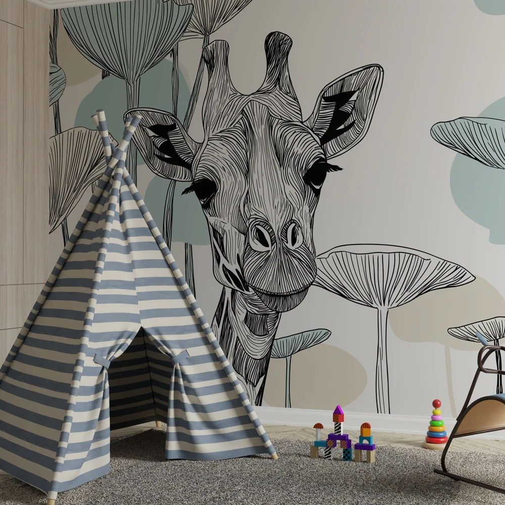 Papel de parede crianç | Elegante girafa e folhagem artística