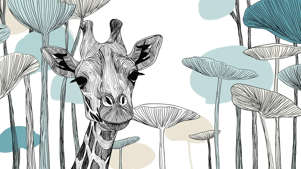 Papel de parede crianç | Elegante girafa e folhagem artística