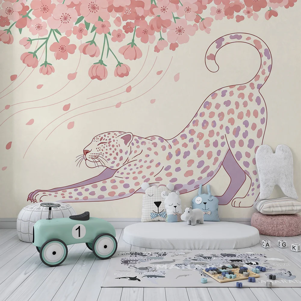 Papel de parede crianç | Elegante leopardo sob uma árvore de cerejeira em flor