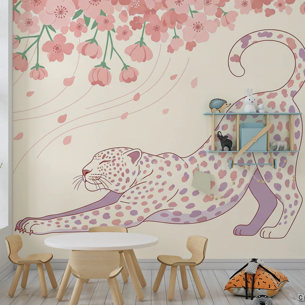 Papel de parede crianç | Elegante leopardo sob uma árvore de cerejeira em flor