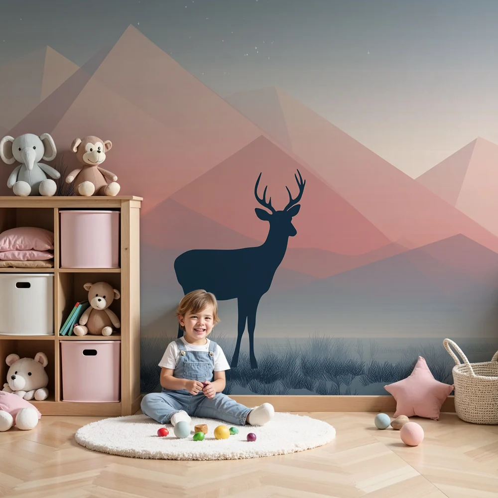 Papel de parede crianç | Elegante veado e montanhas pastel
