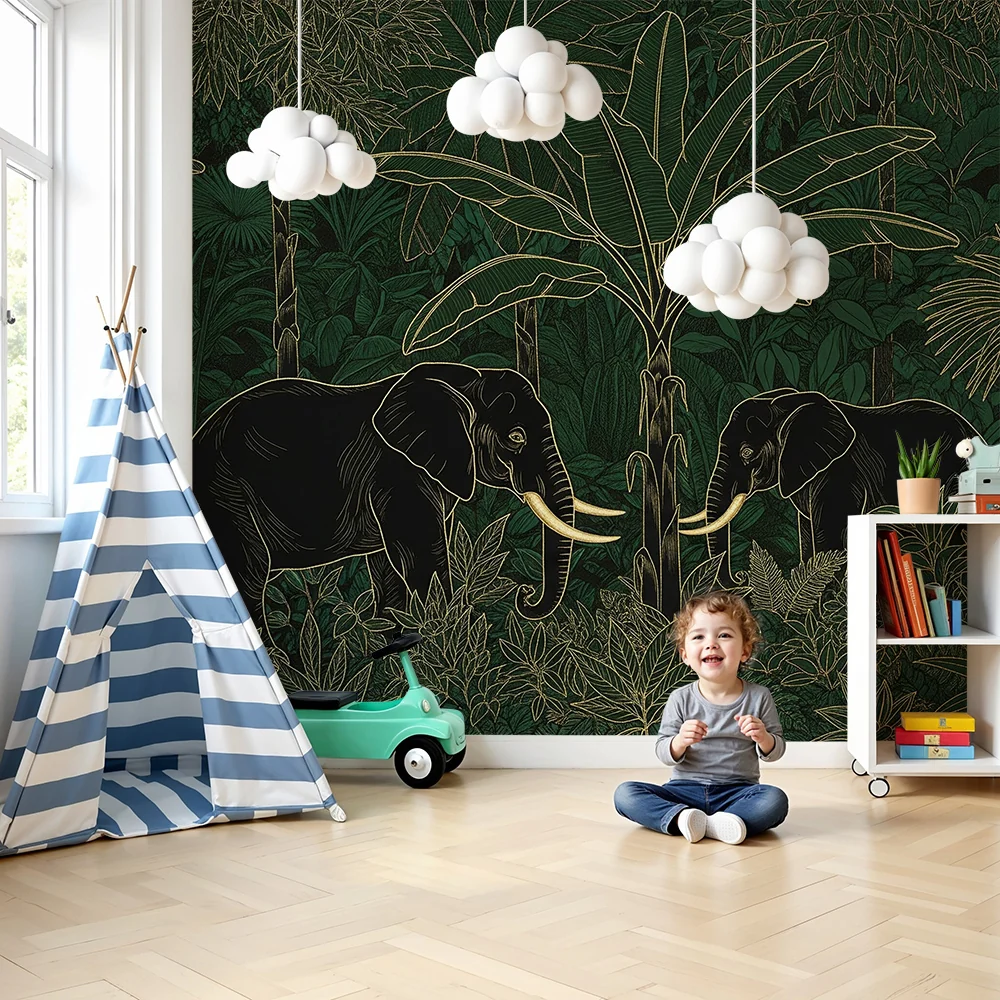 Papel de parede crianç | Elegantes elefantes em uma selva luxuriante