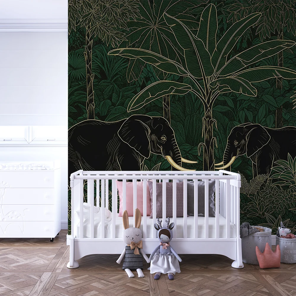 Papel de parede crianç | Elegantes elefantes em uma selva luxuriante