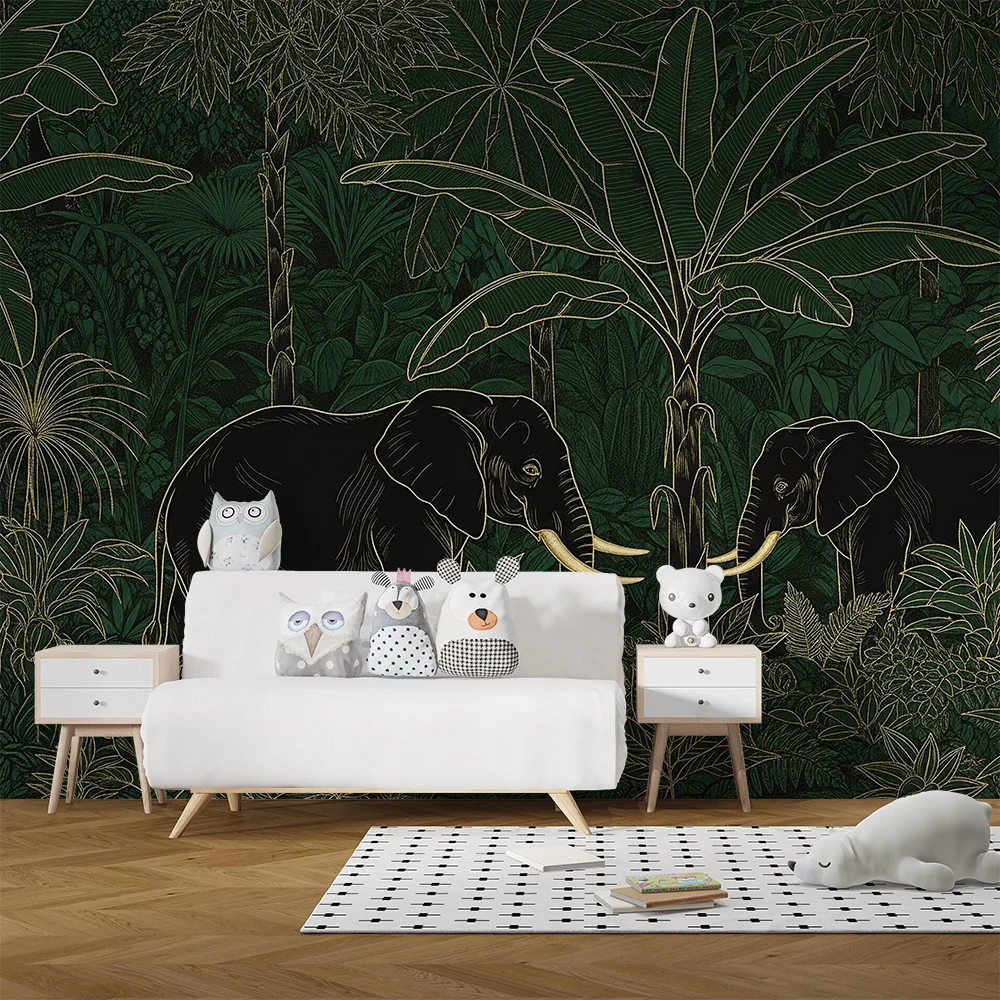 Papel de parede crianç | Elegantes elefantes em uma selva luxuriante