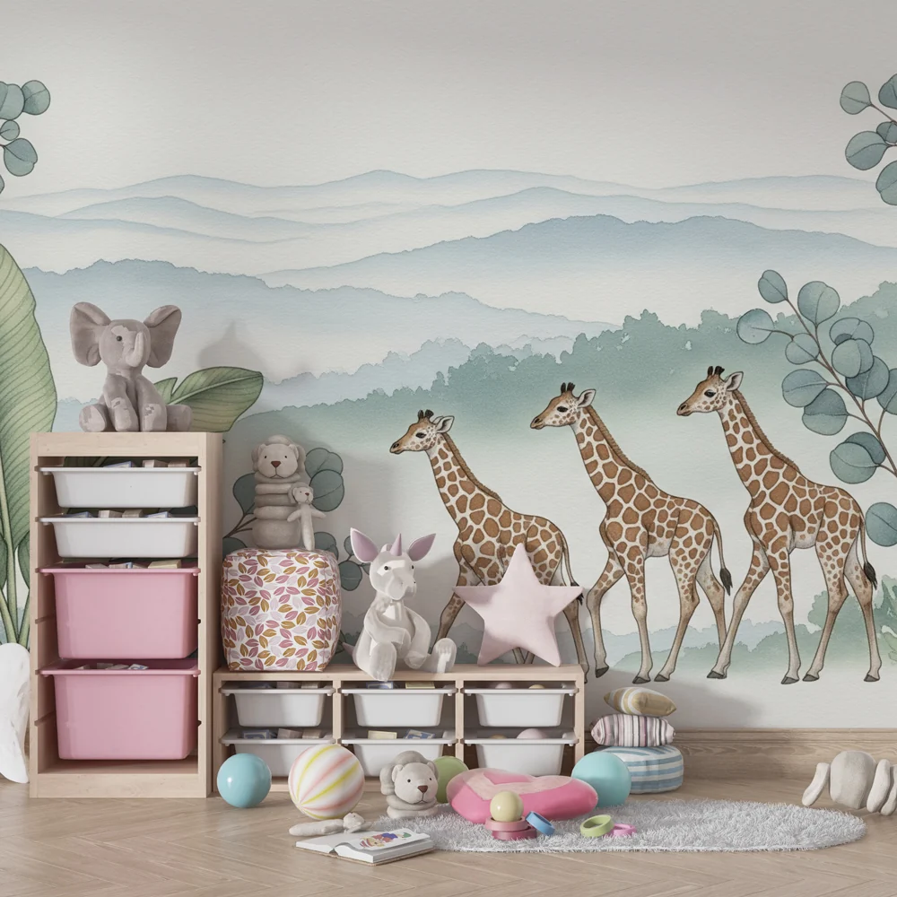 Papel de parede crianç | Elegantes girafas em uma paisagem tranquila