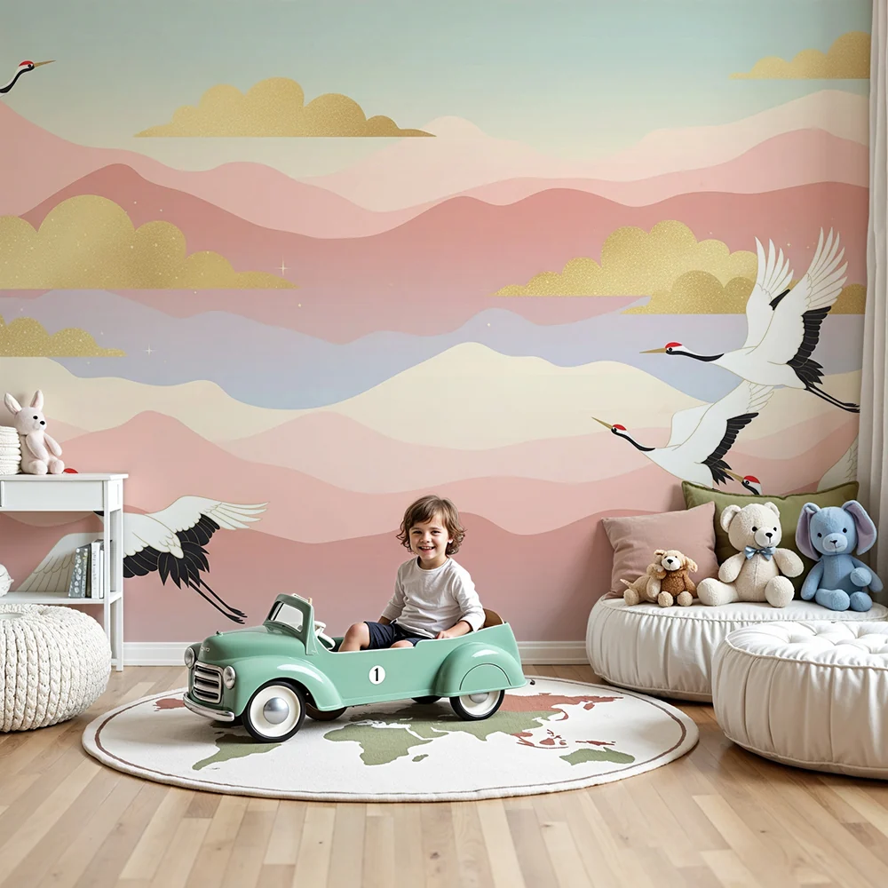 Papel de parede crianç | Elegantes guindastes voando em um fundo pastel