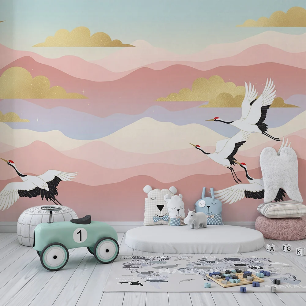 Papel de parede crianç | Elegantes guindastes voando em um fundo pastel