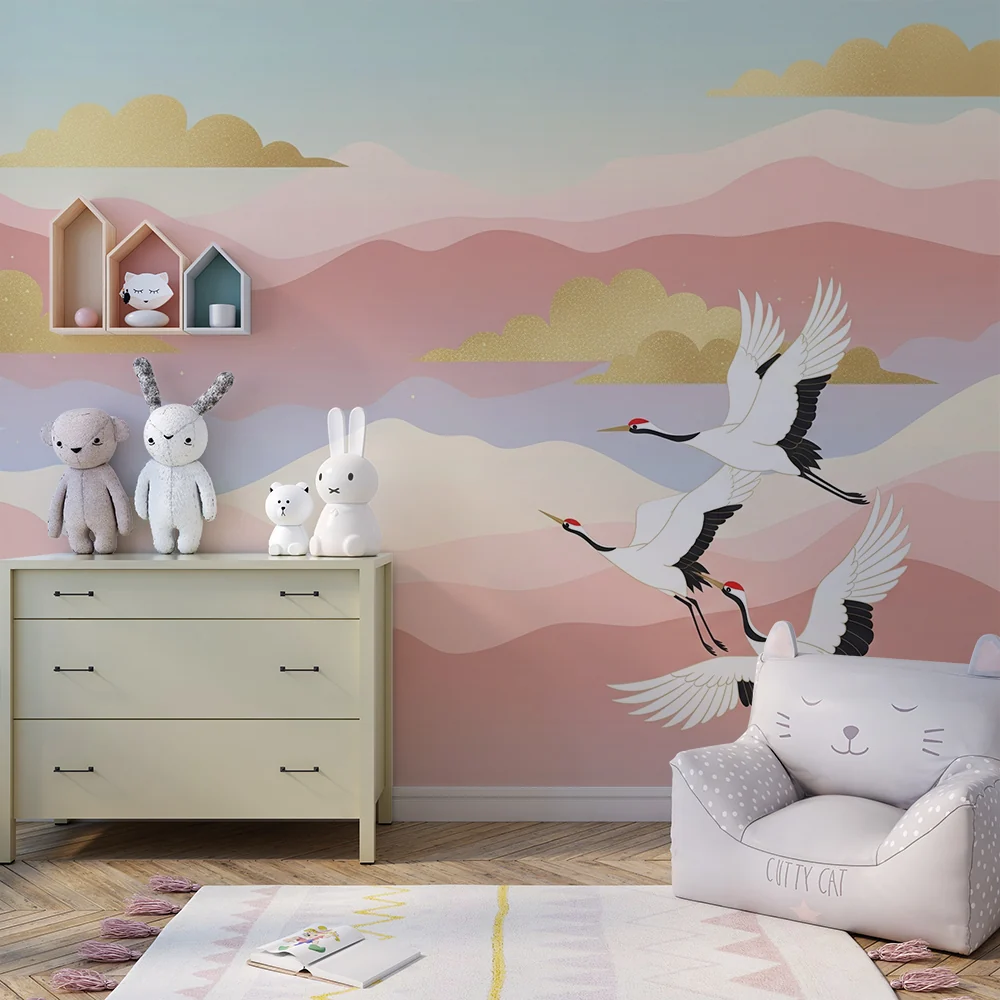 Papel de parede crianç | Elegantes guindastes voando em um fundo pastel