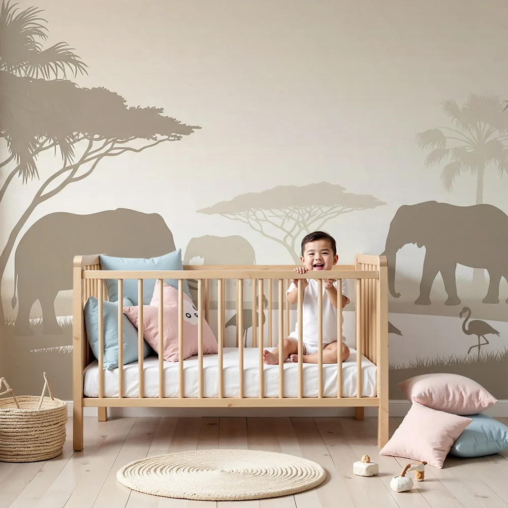 Papel de parede crianç | Elegância da savana com elefantes e flamingos