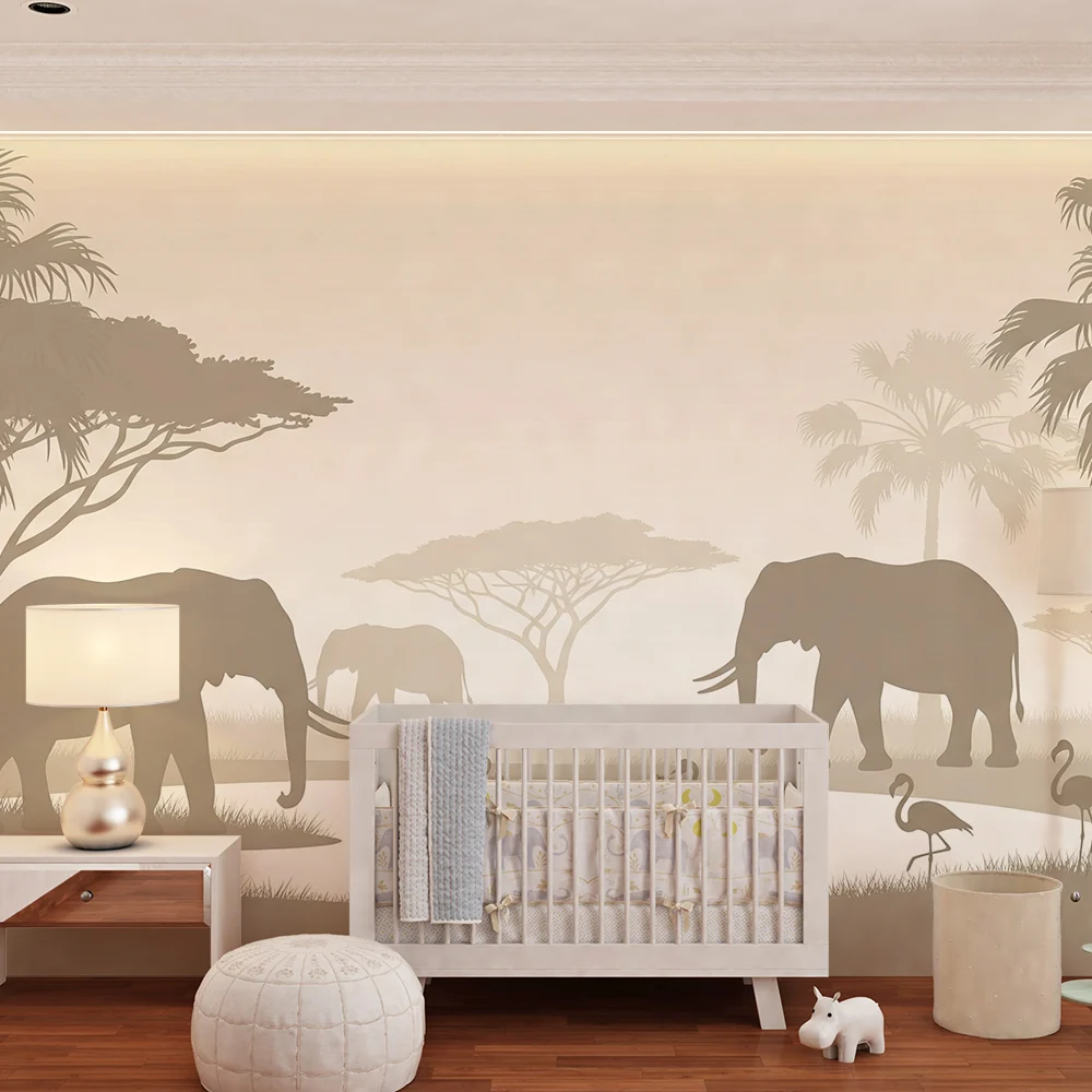 Papel de parede crianç | Elegância da savana com elefantes e flamingos