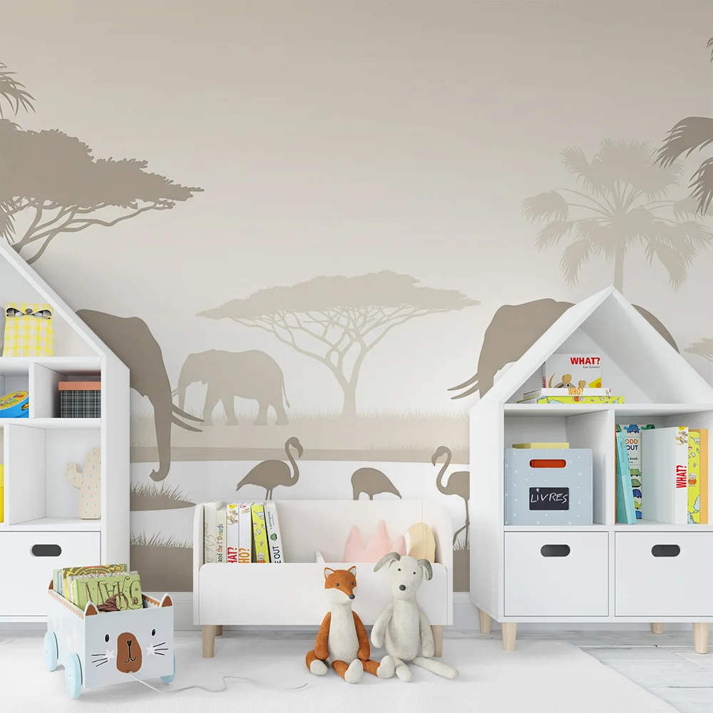 Papel de parede crianç | Elegância da savana com elefantes e flamingos