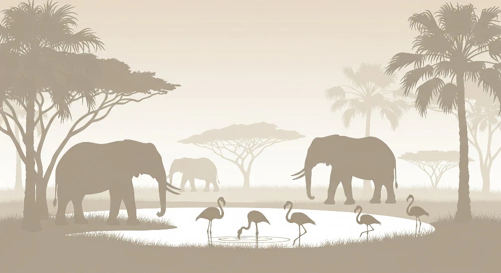 Papel de parede crianç | Elegância da savana com elefantes e flamingos