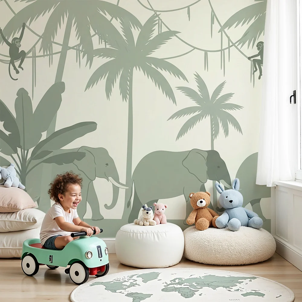 Papel de parede crianç | Elegância da selva com elefantes e macacos