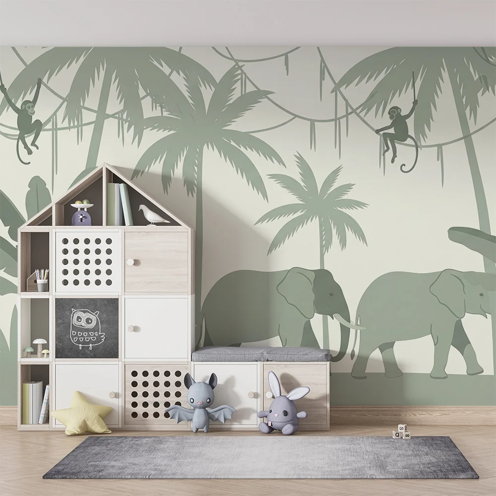 Papel de parede crianç | Elegância da selva com elefantes e macacos
