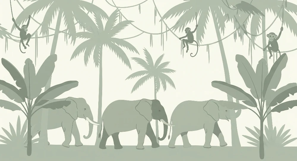 Papel de parede crianç | Elegância da selva com elefantes e macacos
