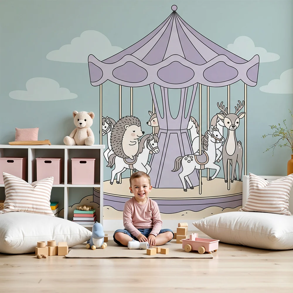 Papel de parede crianç | Encantado carrossel com animais adoráveis