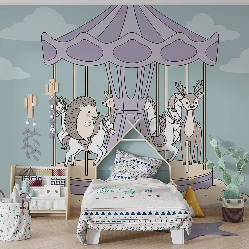 Papel de parede crianç | Encantado carrossel com animais adoráveis
