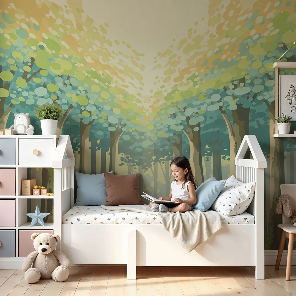 Papel de parede crianç | Encantadora floresta com árvores de folhas suaves