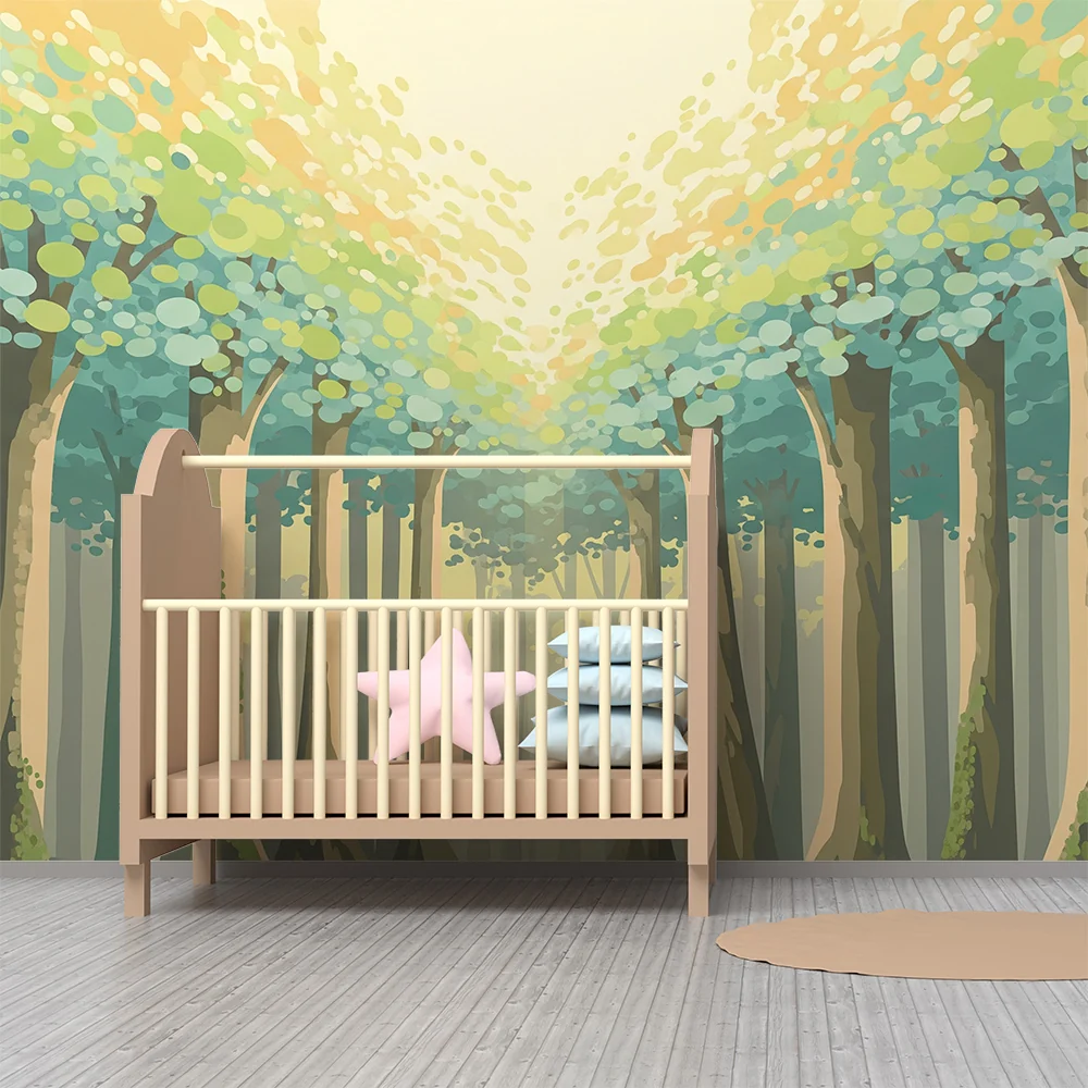 Papel de parede crianç | Encantadora floresta com árvores de folhas suaves