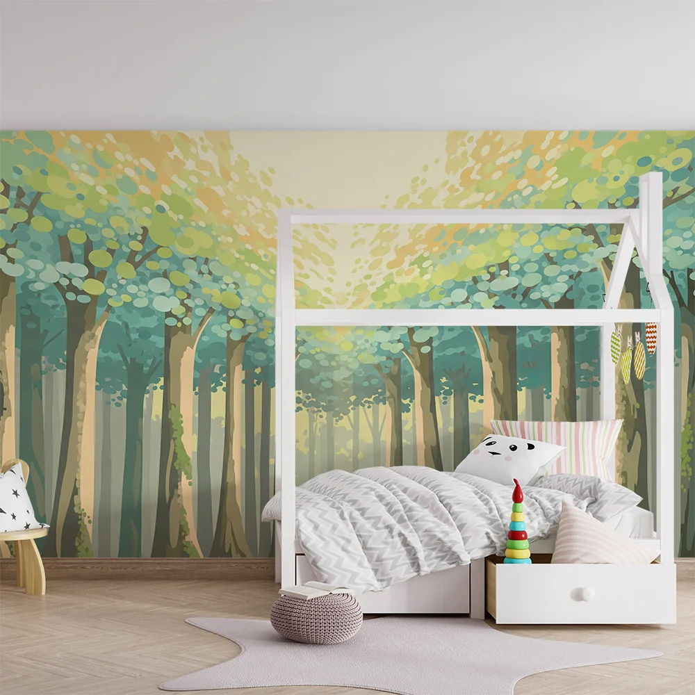 Papel de parede crianç | Encantadora floresta com árvores de folhas suaves