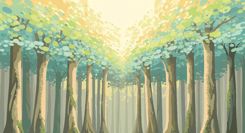 Papel de parede crianç | Encantadora floresta com árvores de folhas suaves