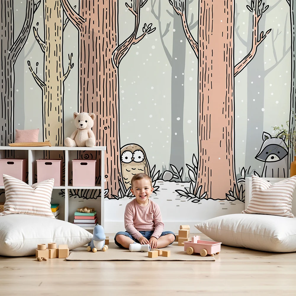 Papel de parede crianç | Encantadora floresta com animais fofos sob neve