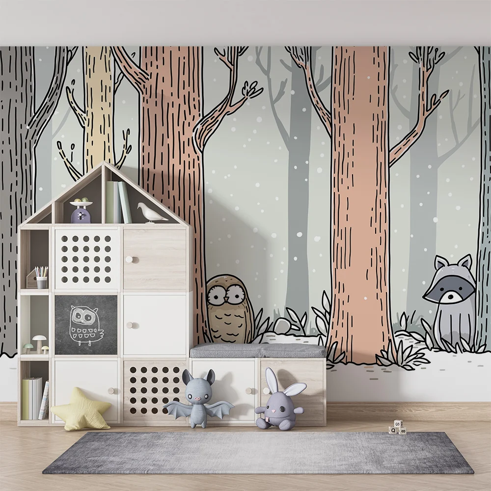 Papel de parede crianç | Encantadora floresta com animais fofos sob neve