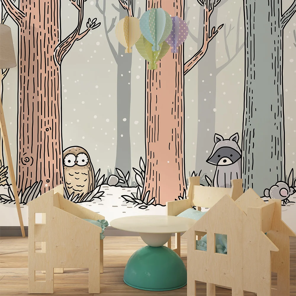 Papel de parede crianç | Encantadora floresta com animais fofos sob neve