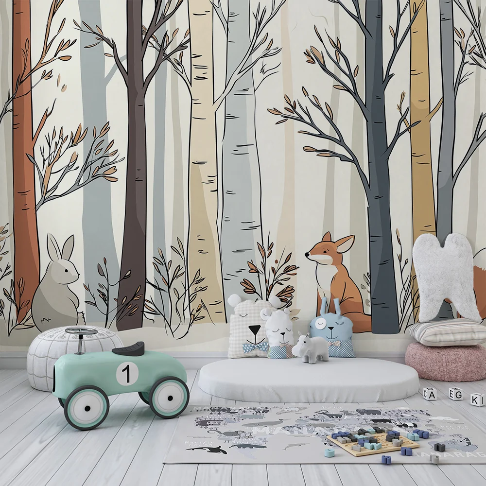 Papel de parede crianç | Encantadora floresta com animais fofinhos