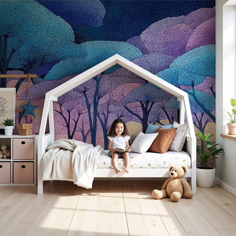 Papel de parede crianç | Encantadora floresta encantada em tons pastel sob um céu estrelado