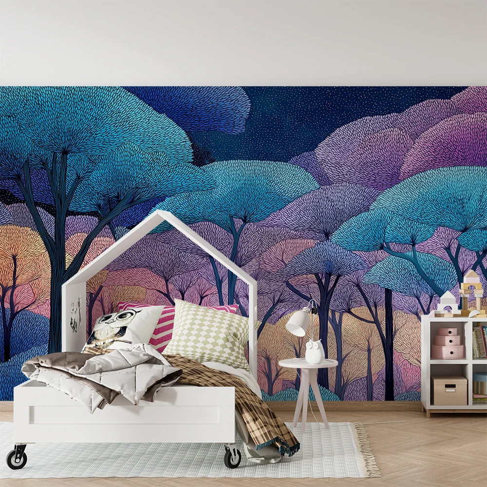 Papel de parede crianç | Encantadora floresta encantada em tons pastel sob um céu estrelado