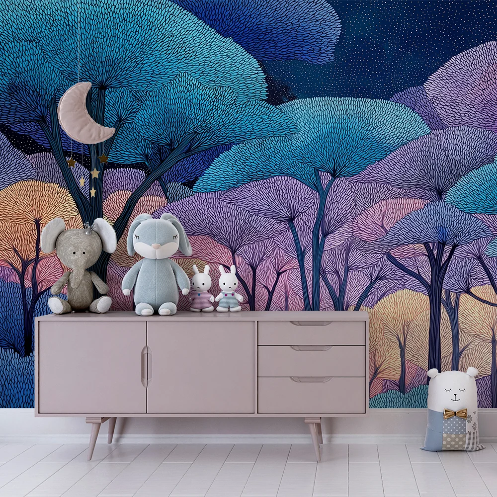 Papel de parede crianç | Encantadora floresta encantada em tons pastel sob um céu estrelado