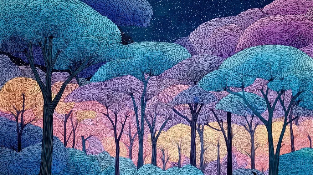 Papel de parede crianç | Encantadora floresta encantada em tons pastel sob um céu estrelado